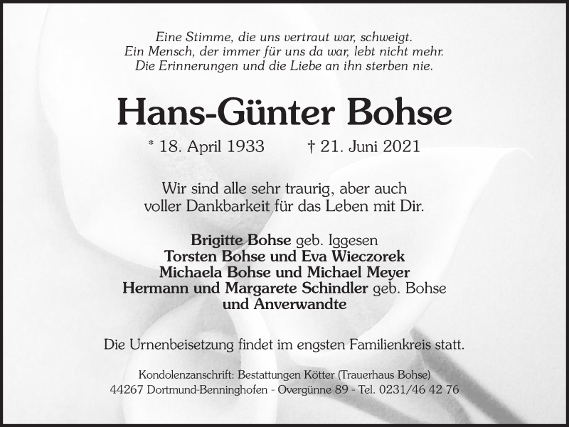  Traueranzeige für Hans-Günter Bohse vom 26.06.2021 aus 