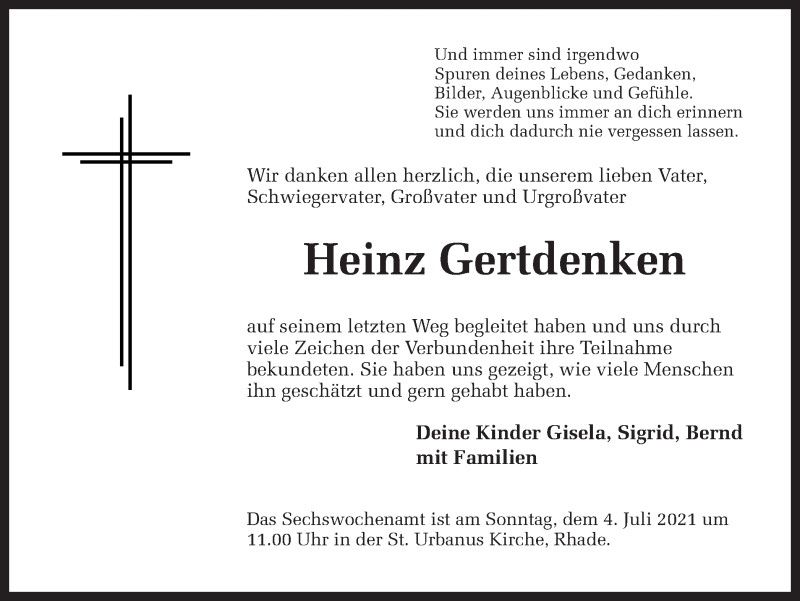  Traueranzeige für Heinz Gertdenken vom 30.06.2021 aus Ruhr Nachrichten und Dorstener Zeitung
