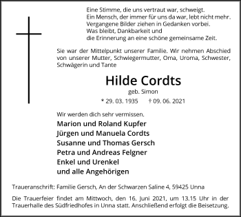 Traueranzeige von Hilde Cordts von Hellweger Anzeiger