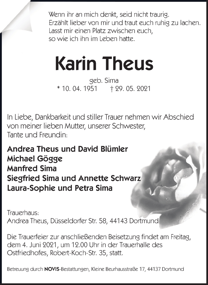  Traueranzeige für Karin Theus vom 02.06.2021 aus 