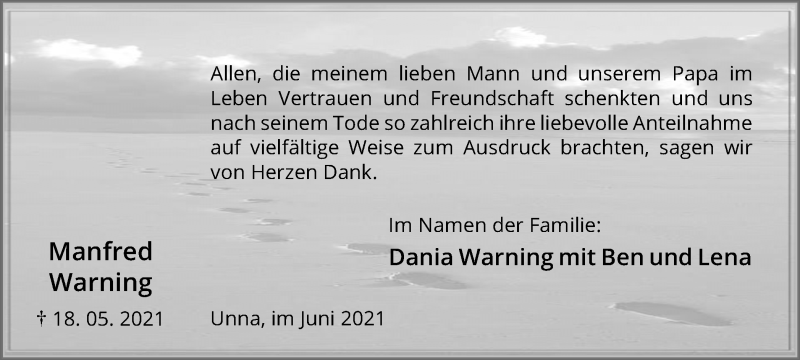  Traueranzeige für Manfred Warning vom 10.06.2021 aus Hellweger Anzeiger