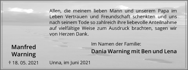  Traueranzeige für Manfred Warning vom 10.06.2021 aus 