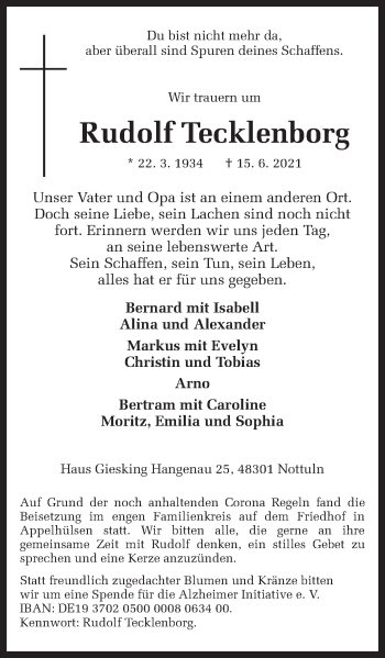 Traueranzeige von Rudolf Tecklenborg von Ruhr Nachrichten