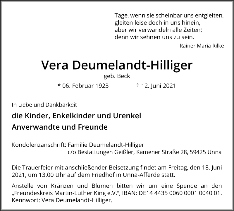 Traueranzeige für Vera Deumelandt-Hilliger vom 16.06.2021 aus Hellweger Anzeiger