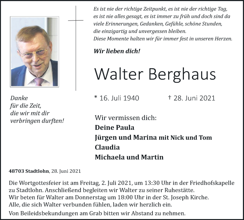  Traueranzeige für Walter Berghaus vom 30.06.2021 aus Münstersche Zeitung und Münsterland Zeitung