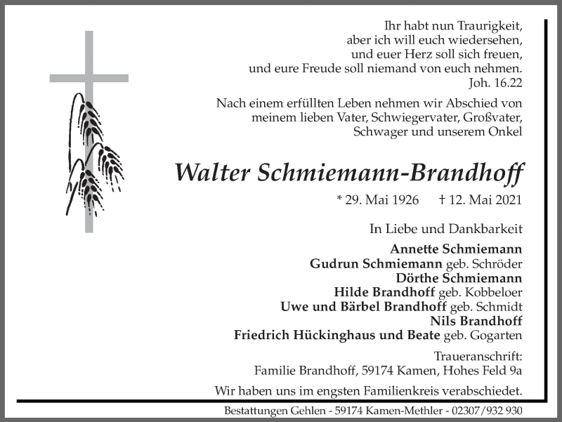  Traueranzeige für Walter Schmiemann-Brandhoff vom 02.06.2021 aus 