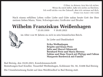 Traueranzeige von Wilhelm Franziskus Weißenhagen 