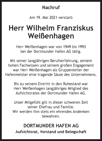 Traueranzeige von Wilhelm Franziskus Weißenhagen 