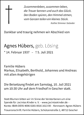 Traueranzeige von Agnes Hübers von Münstersche Zeitung und Münsterland Zeitung