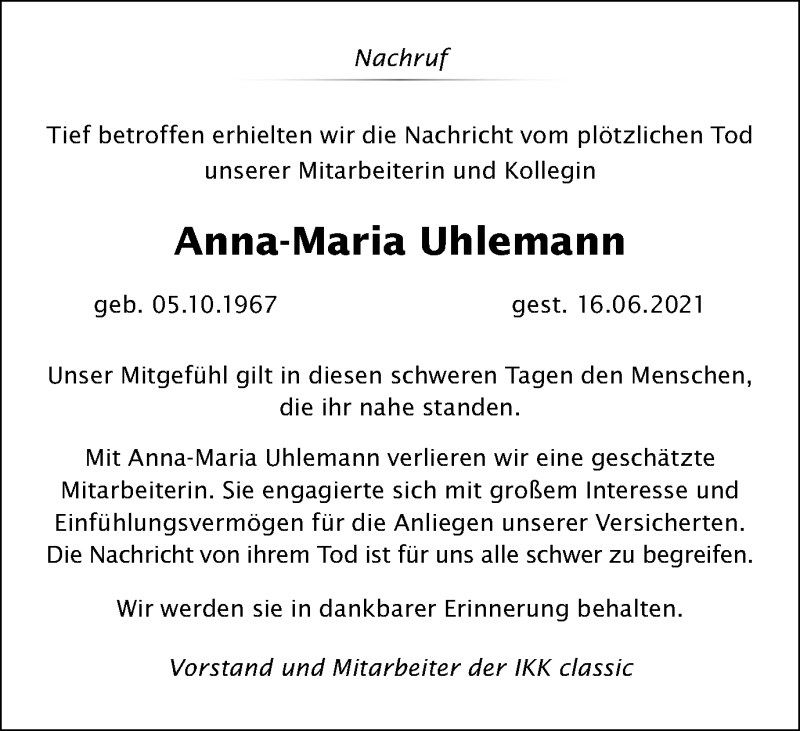  Traueranzeige für Anna-Maria Uhlemann vom 16.07.2021 aus 