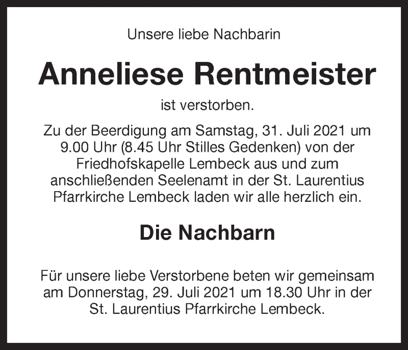  Traueranzeige für Anneliese Rentmeister vom 28.07.2021 aus Ruhr Nachrichten und Dorstener Zeitung