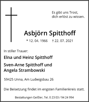 Traueranzeige von Asbjörn Spitthoff von Hellweger Anzeiger