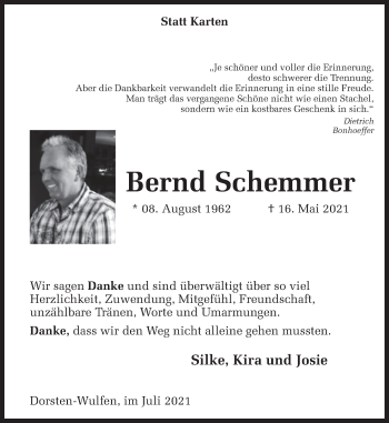 Traueranzeige von Bernd Schemmer von Ruhr Nachrichten und Dorstener Zeitung