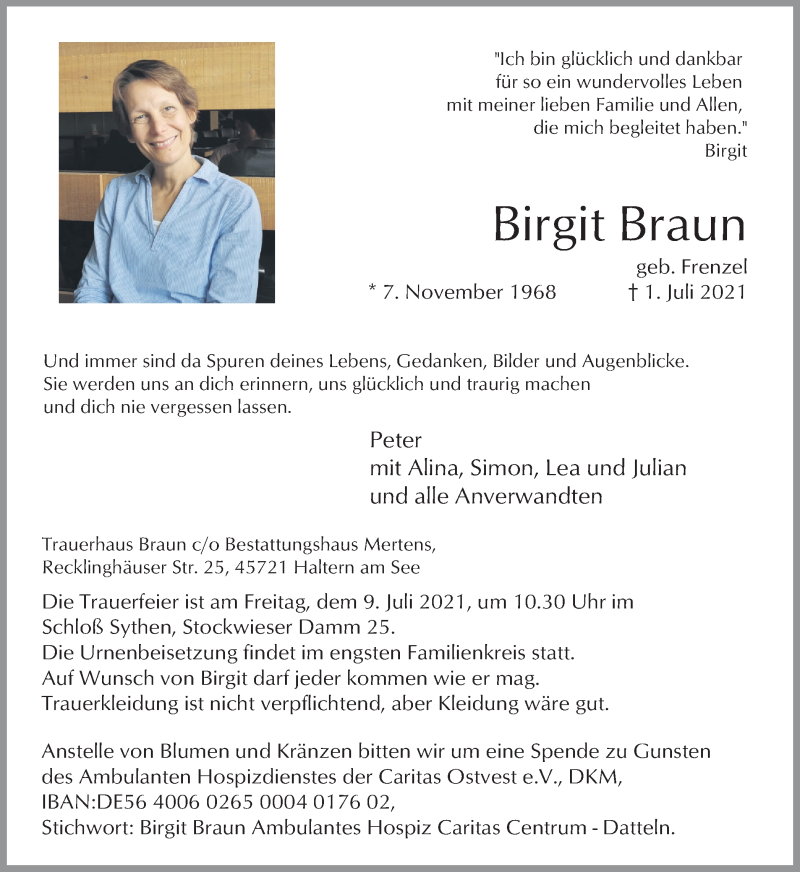  Traueranzeige für Birgit Braun vom 05.07.2021 aus Ruhr Nachrichten und Halterner Zeitung