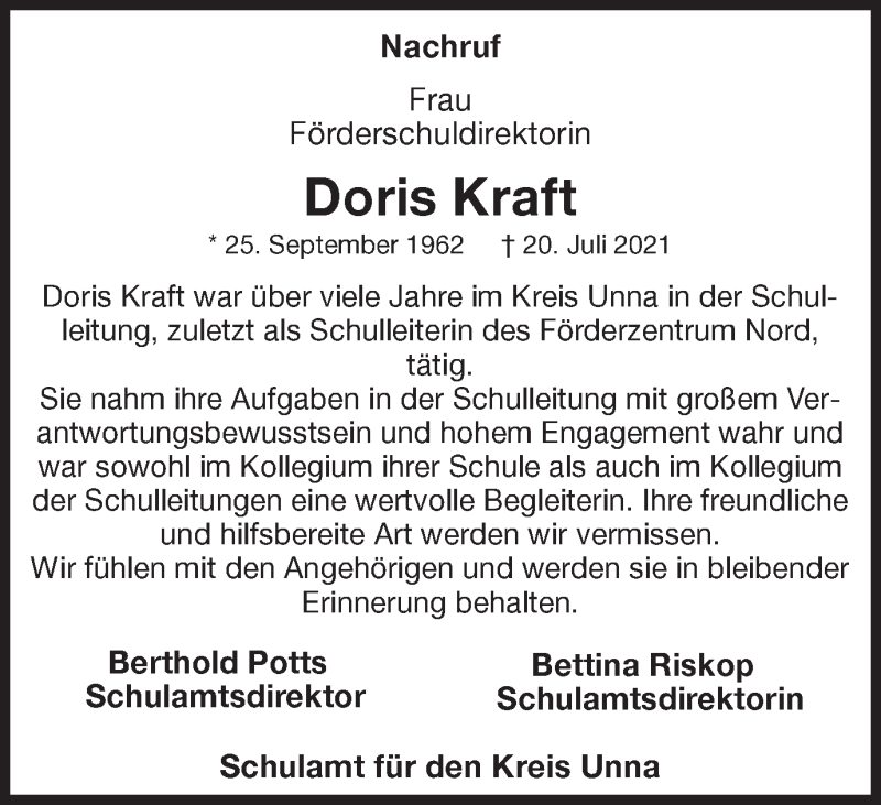  Traueranzeige für Doris Kraft vom 27.07.2021 aus Ruhr Nachrichten