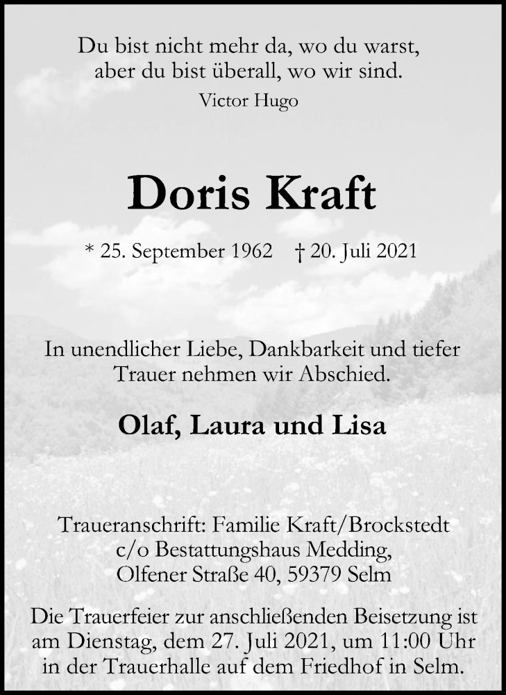  Traueranzeige für Doris Kraft vom 24.07.2021 aus Ruhr Nachrichten