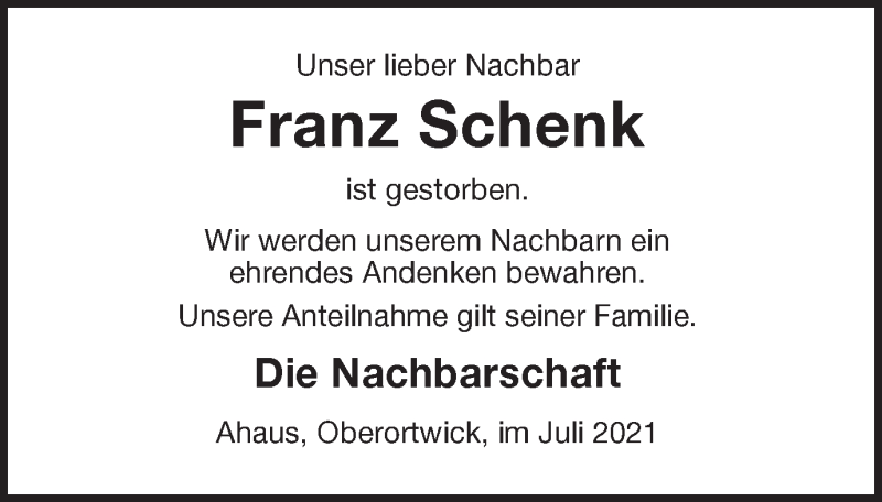  Traueranzeige für Franz Schenk vom 02.07.2021 aus Münstersche Zeitung und Münsterland Zeitung