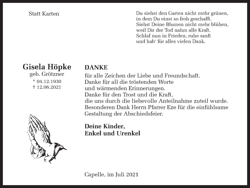  Traueranzeige für Gisela Höpke vom 03.07.2021 aus Ruhr Nachrichten