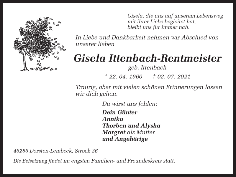  Traueranzeige für Gisela Ittenbach-Rentmeister vom 08.07.2021 aus Ruhr Nachrichten und Dorstener Zeitung