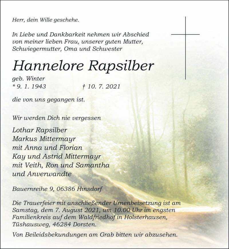  Traueranzeige für Hannelore Rapsilber vom 24.07.2021 aus Ruhr Nachrichten und Dorstener Zeitung
