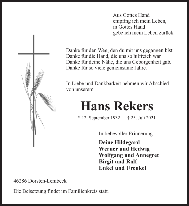  Traueranzeige für Hans Rekers vom 28.07.2021 aus Ruhr Nachrichten und Dorstener Zeitung