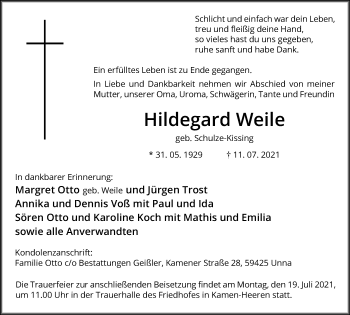 Traueranzeige von Hildegard Weile von Hellweger Anzeiger