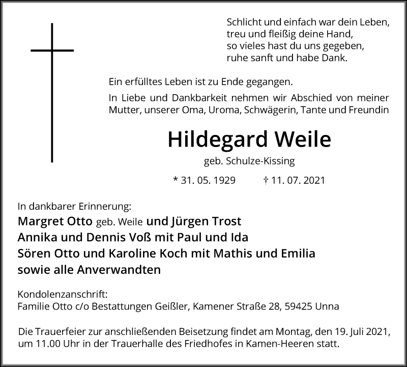  Traueranzeige für Hildegard Weile vom 14.07.2021 aus Hellweger Anzeiger