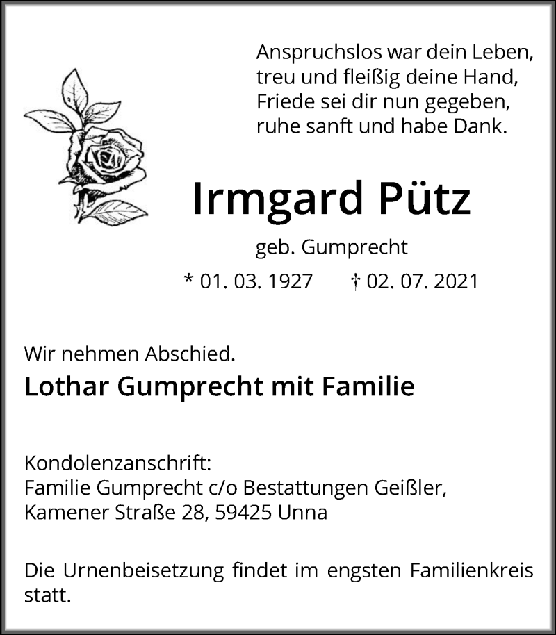  Traueranzeige für Irmgard Pütz vom 06.07.2021 aus Hellweger Anzeiger