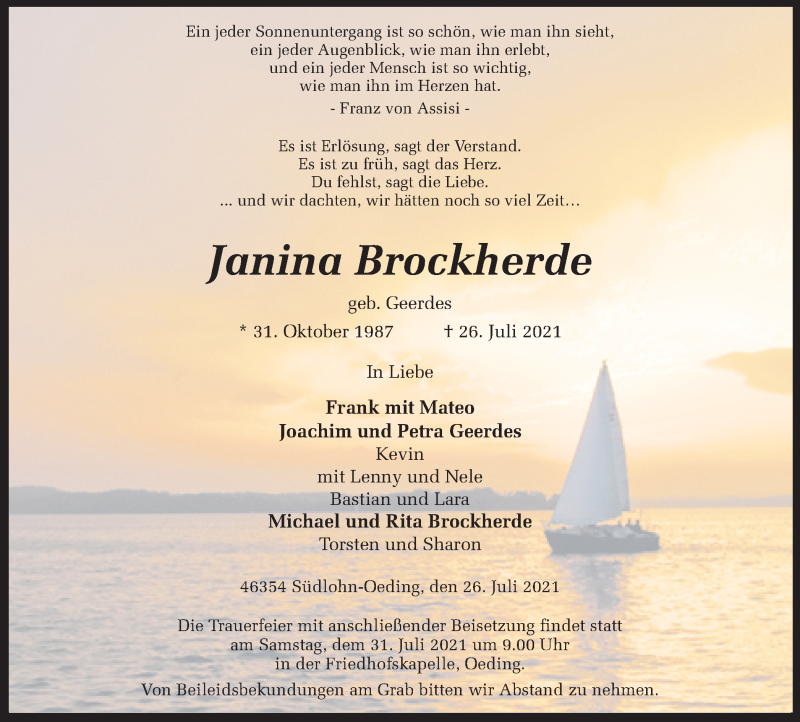  Traueranzeige für Janina Brockherde vom 28.07.2021 aus Münstersche Zeitung und Münsterland Zeitung