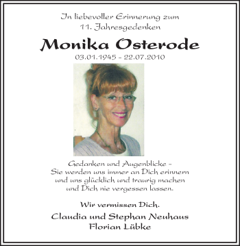 Traueranzeige von Monika Osterode 