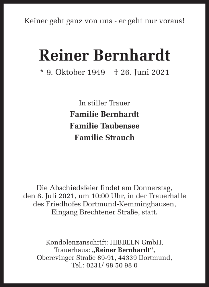  Traueranzeige für Reiner Bernhardt vom 03.07.2021 aus 