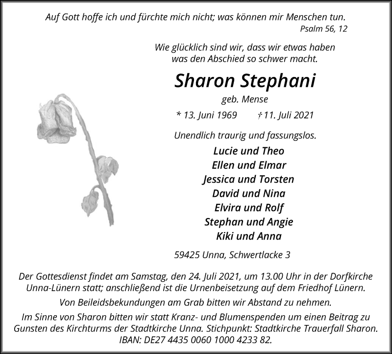  Traueranzeige für Sharon Stephani vom 17.07.2021 aus Hellweger Anzeiger