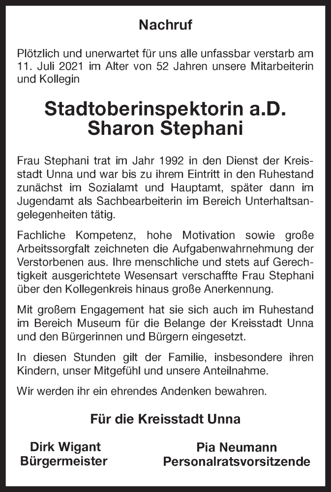  Traueranzeige für Sharon Stephani vom 21.07.2021 aus Hellweger Anzeiger