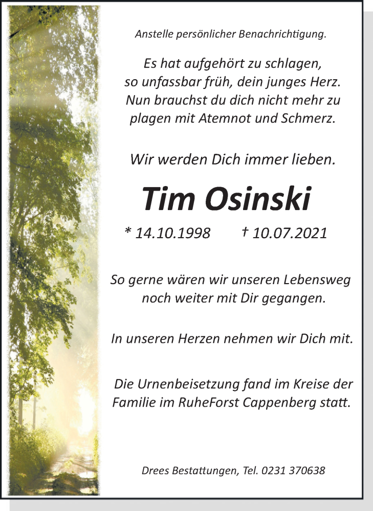  Traueranzeige für Tim Osinski vom 24.07.2021 aus 