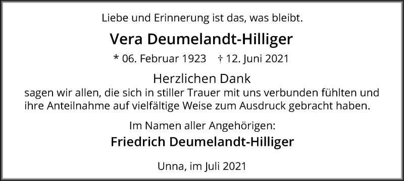  Traueranzeige für Vera Deumelandt-Hilliger vom 17.07.2021 aus Hellweger Anzeiger