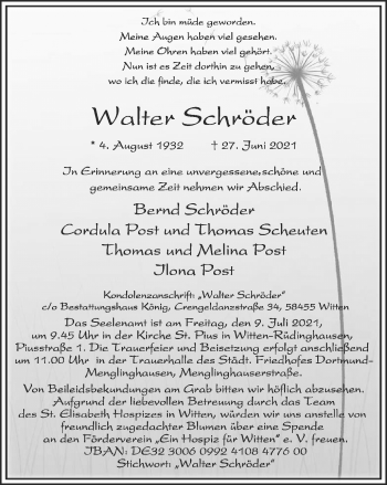 Traueranzeige von Walter Schröder 