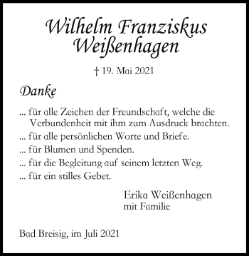 Traueranzeige von Wilhelm Franziskus Weißenhagen 