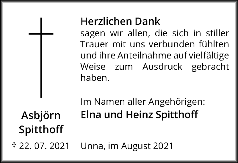  Traueranzeige für Asbjörn Spitthoff vom 21.08.2021 aus Hellweger Anzeiger