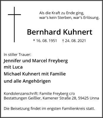 Traueranzeige von Bernhard Kuhnert von Hellweger Anzeiger