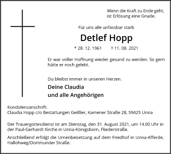 Traueranzeige von Detlef Hopp von Hellweger Anzeiger