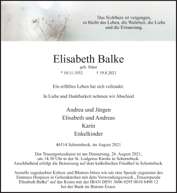 Traueranzeige von Elisabeth Balke von Ruhr Nachrichten und Dorstener Zeitung