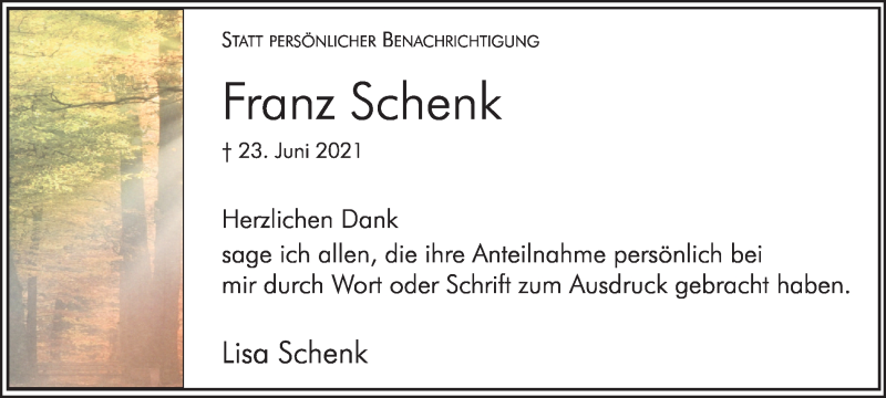  Traueranzeige für Franz Schenk vom 07.08.2021 aus Münstersche Zeitung und Münsterland Zeitung