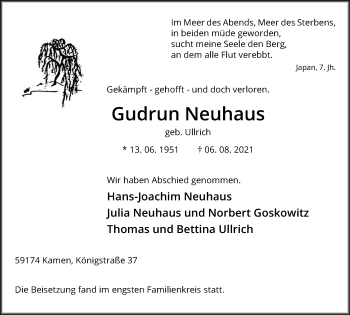 Traueranzeige von Gudrun Neuhaus von Hellweger Anzeiger