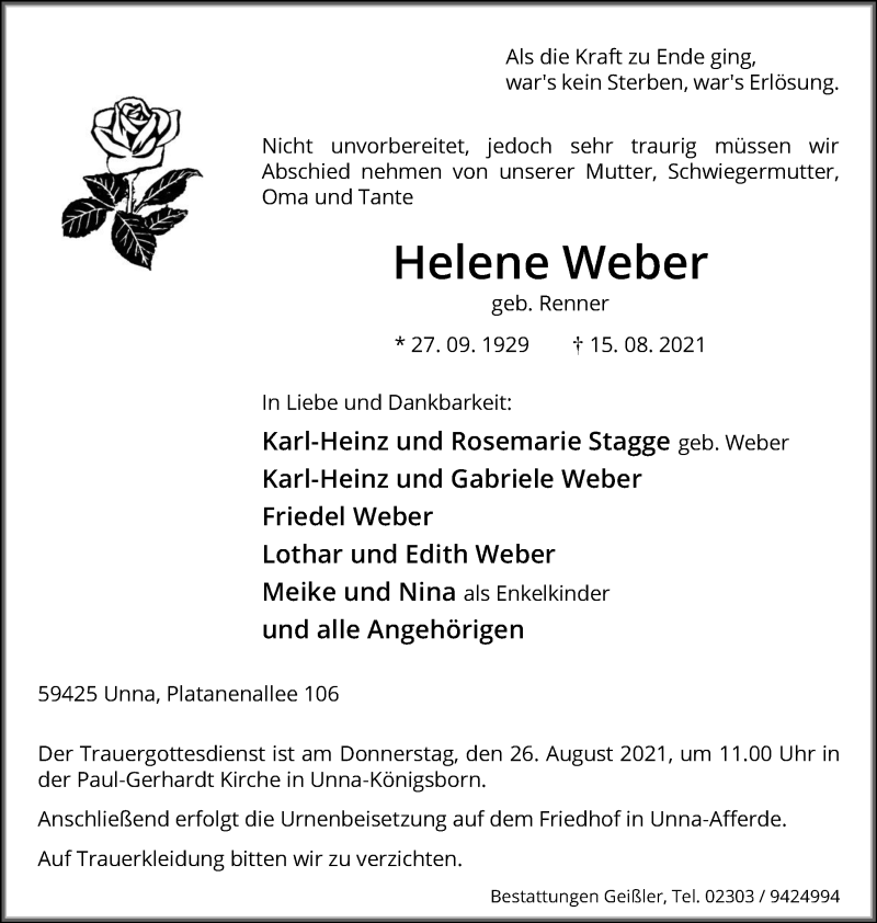  Traueranzeige für Helene Weber vom 20.08.2021 aus Hellweger Anzeiger