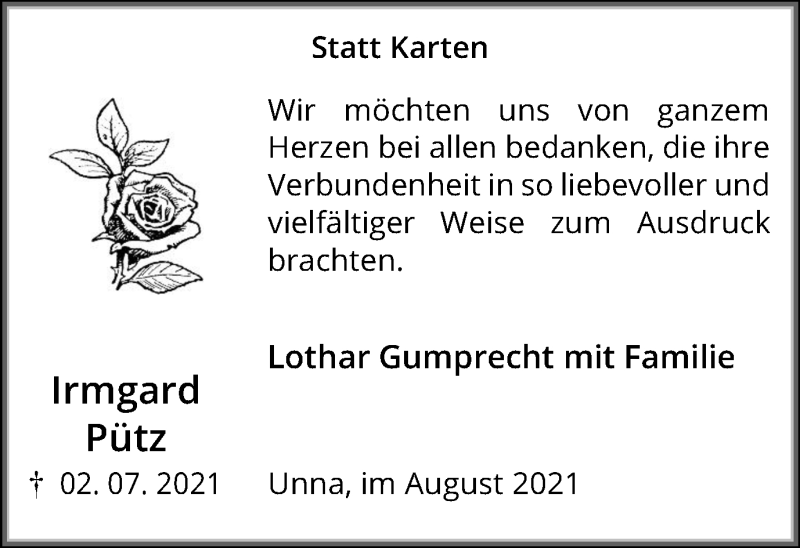  Traueranzeige für Irmgard Pütz vom 06.08.2021 aus Hellweger Anzeiger