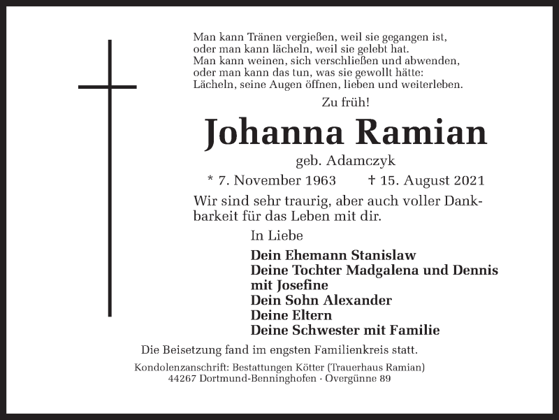  Traueranzeige für Johanna Ramian vom 21.08.2021 aus 