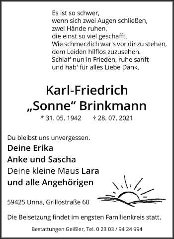 Traueranzeige von Karl-Friedrich Brinkmann von Hellweger Anzeiger