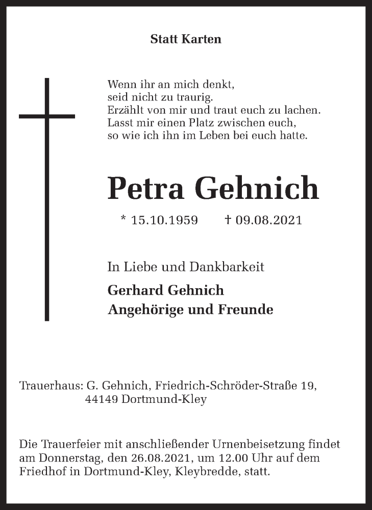  Traueranzeige für Petra Gehnich vom 18.08.2021 aus 