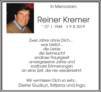 Traueranzeige von Reiner Kremer von Hellweger Anzeiger
