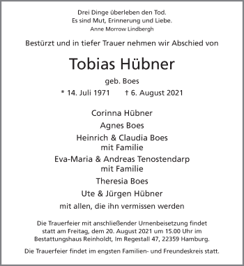 Traueranzeige von Tobias Hübner von Ruhr Nachrichten und Dorstener Zeitung